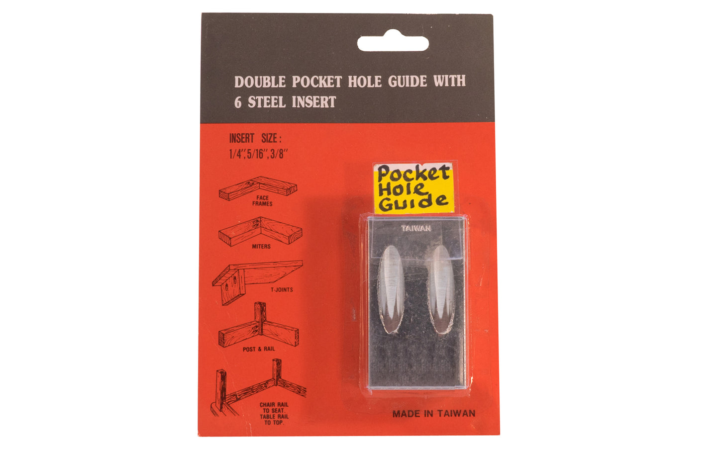 Double Pocket Hole Guide with 6 Steel Insert. Great for Face Frames, Miters, T-Joints, Post & Rail, etc. Insert Size: 1/4", 5/16", 3/8". 744391115744. 800-2210