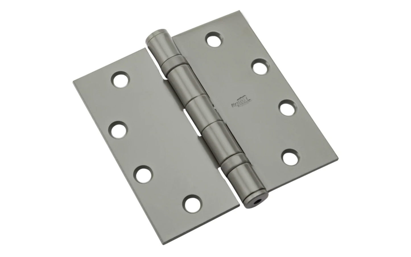 This 4-1/2" Gray Prime Coat Finish Ball-Bearing Hinge is more durable & longer-lasting than standard hinges. Equipped with two permanently lubricated ball bearings for smoother & quieter operation. Template screw hole location for use on either wood or hollow metal doors & frames. National Hardware Model No. N236-011.