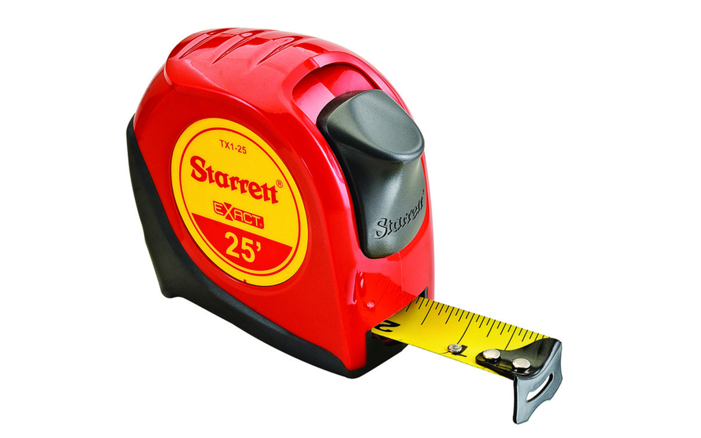 Starrett 1" x 25' Tape Measure. Produced of high durability ABS plastic for extended case life, these tape measures offer overmold for improved grip. Their ergonomic design fits comfortably in the hand and incorporate industry standard standout, and improved blade protection.