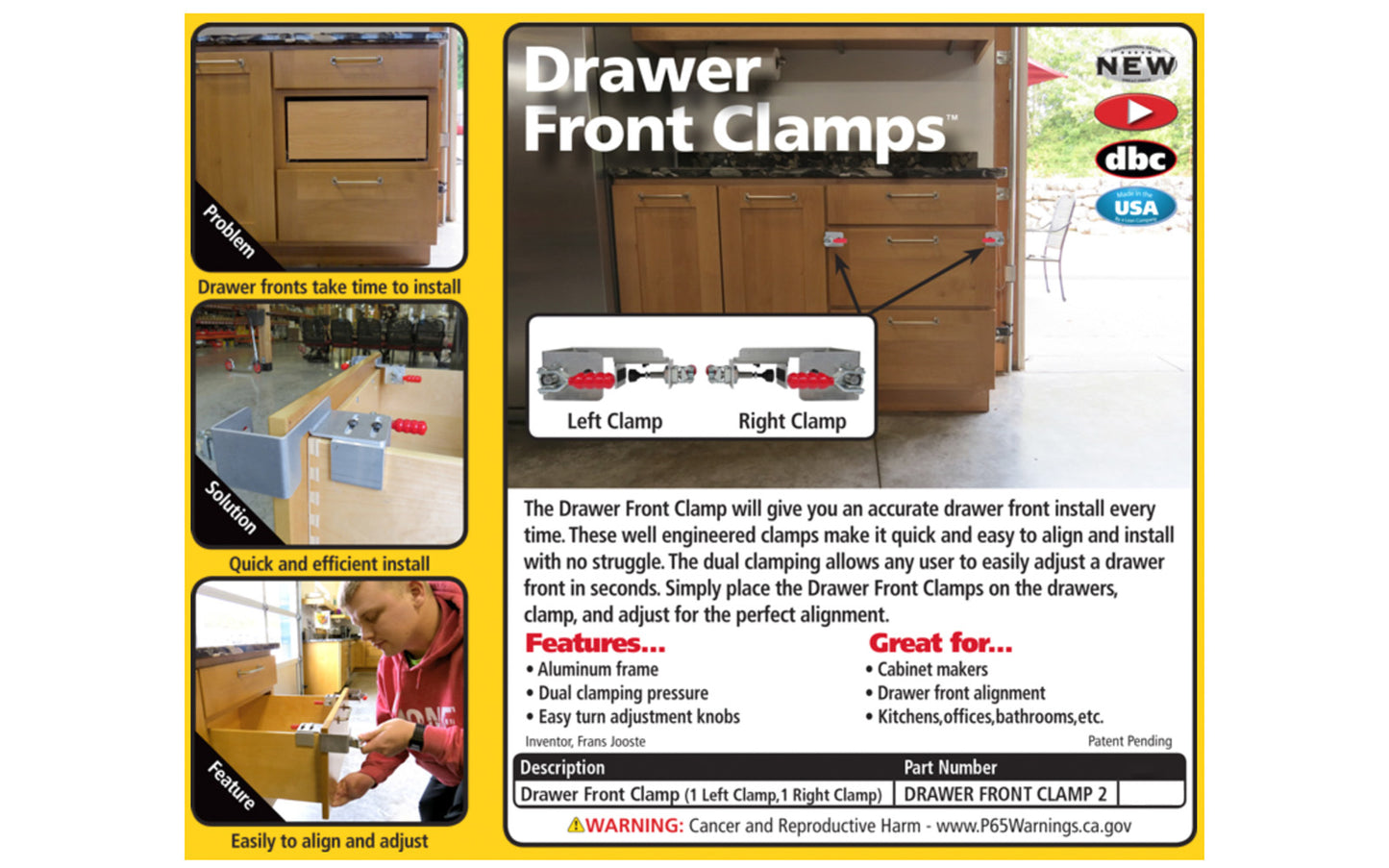 FastCap Drawer Front Installation Clamp - Made in USA - Great for quick & efficient installation for drawers - Draw Front Clamps work great for Full overlay cabinets or Partial overlay cabinets
