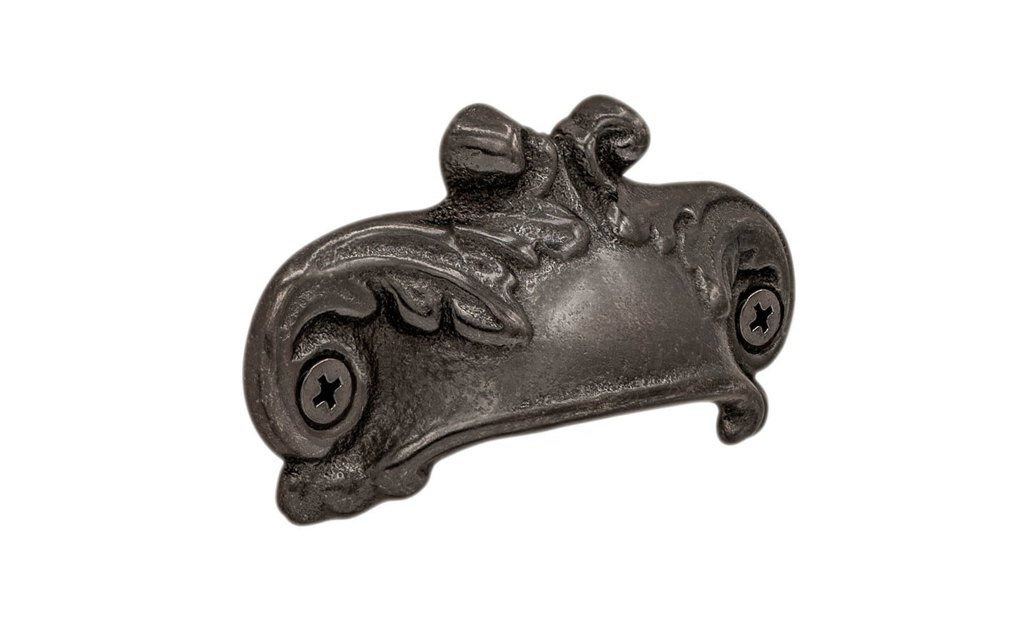 Rustic-looking & ornate cast iron bin pull with a nice scroll pattern detail. Made of cast iron material, this bin pull is thick with a good grip. This old-style bin pull is great for adding charm to your cabinets & drawers. Vintage-style finish with lacquer to resist rust. Scroll Pattern Bin Pull ~ 3-1/8" on Centers