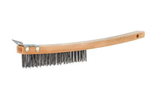 14" long carbon steel wire scratch brush & scraper with the filling material is staple set in a durable. Designed for general cleaning of many & various applications, including for use in shop, refinishing, stripping paint on home furniture, or for cleaning parts. 14" length brush - wooden handle. 6" length of bristles