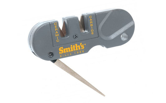 Smith's "Pocket Pal" Knife Sharpener. Combination ceramic, carbide & diamond knife sharpener. Coarse carbide, fine ceramic, & fine diamond taper for sharpening straight & serrated blades. Compact & lightweight unit comes with lanyard hole. Smith's Model No. PP1. 027925193020 