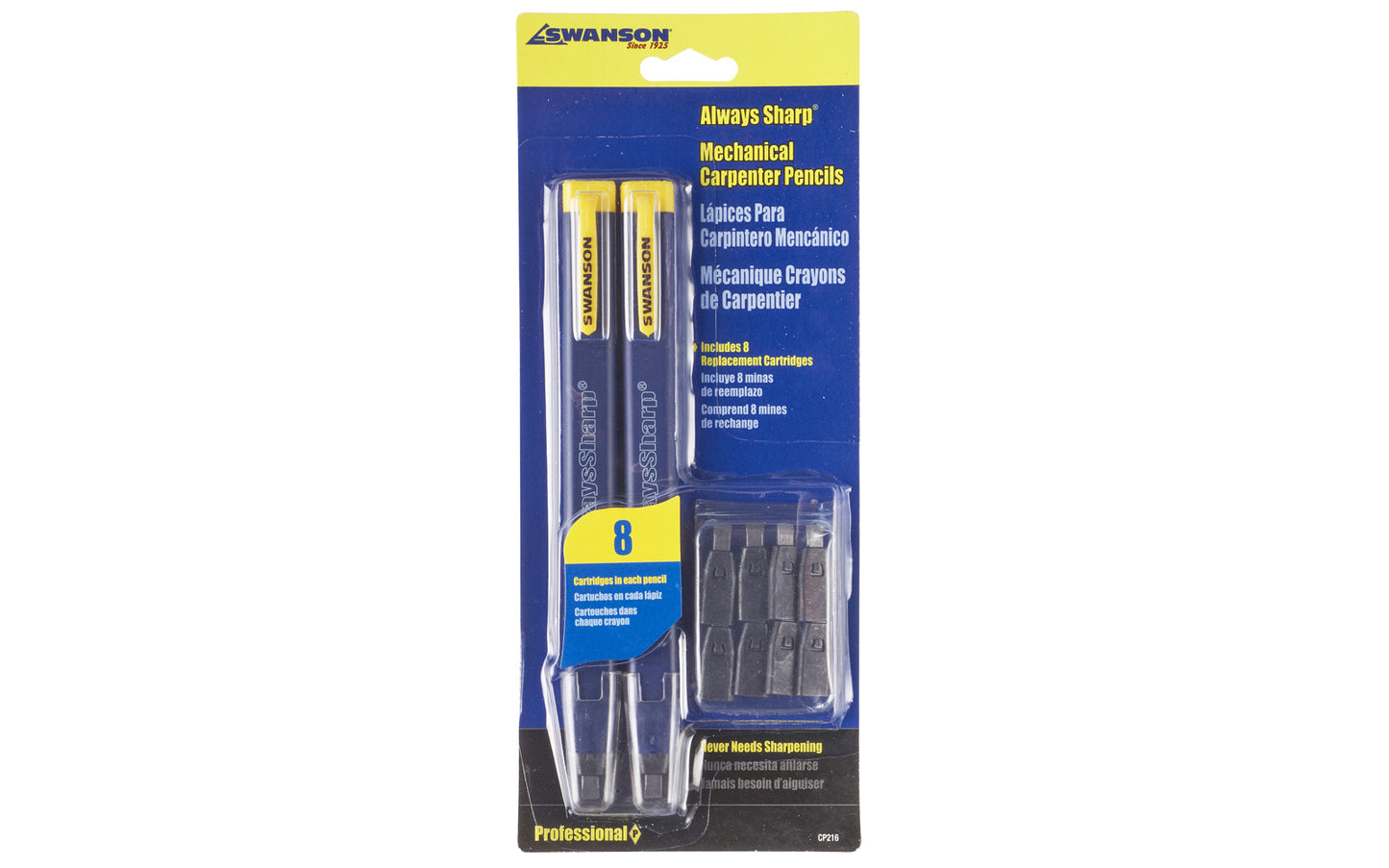 Swanson Mechanical Carpenter Pencils - 2 Pack. "AlwaysSharp" Refillable Carpenter Pencils are very handy. Pencil never has to be sharpened. It always maintains its length, so it won’t get lost in your tool pouch. The lead will also last 5 times longer since there is no waste due to sharpening. Model CP216. 038987002168