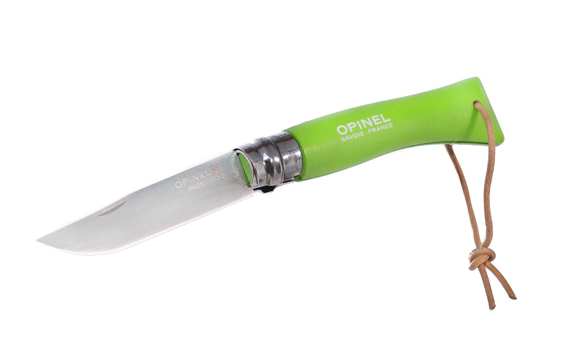Opinel Stainless Steel Trekking Knife ~ "Apple Green" Color ~ Made in France ~ 3-3/16" long foldable blade with stainless locking collar ~ Made of 12c27 Sandvik stainless steel ~ Painted Beechwood handle with leather loop