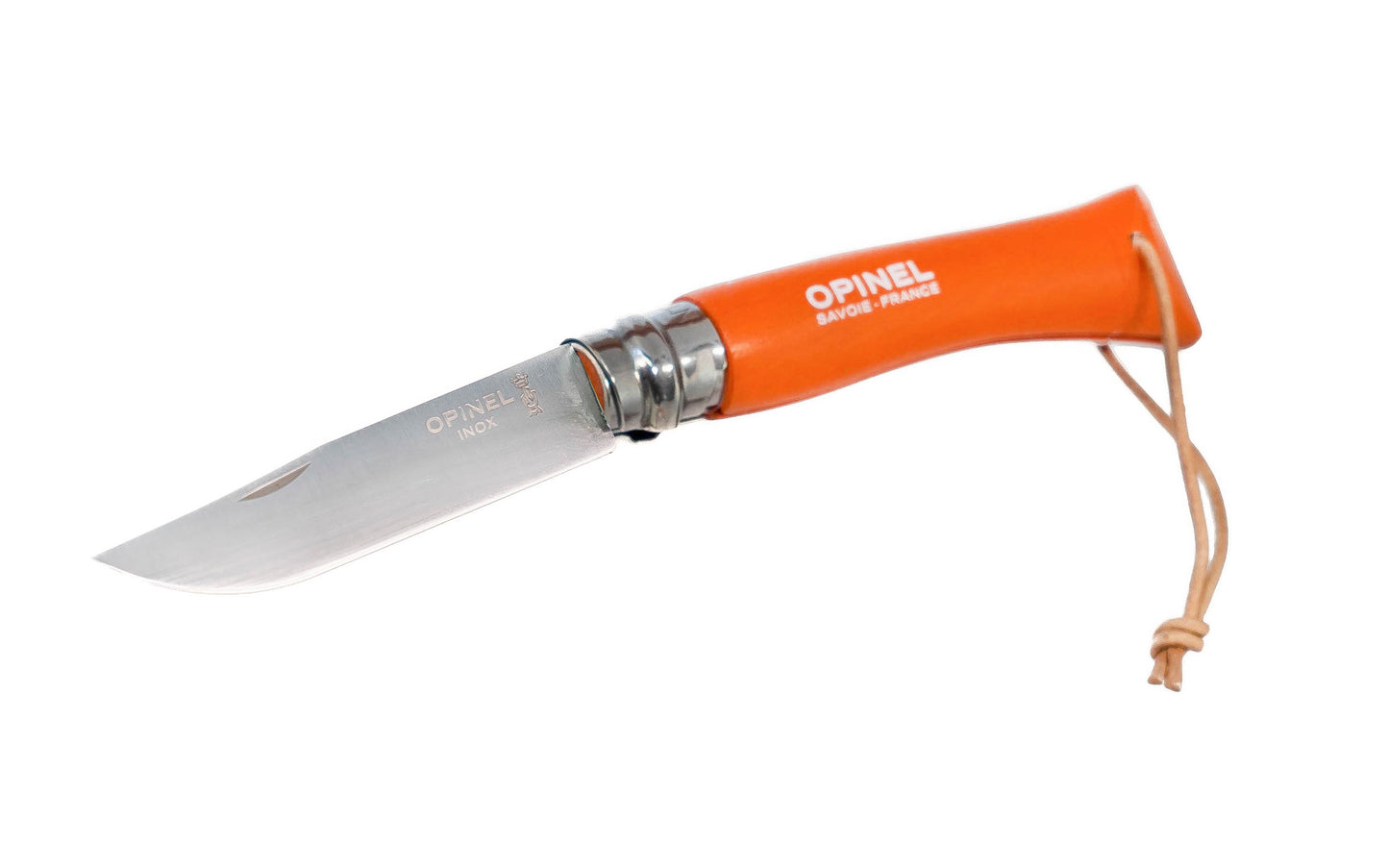 Opinel Stainless Steel Trekking Knife ~ "Tangerine" Color ~ Made in France ~ 3-3/16" long foldable blade with stainless locking collar ~ Made of 12c27 Sandvik stainless steel ~ Painted Beechwood handle with leather loop