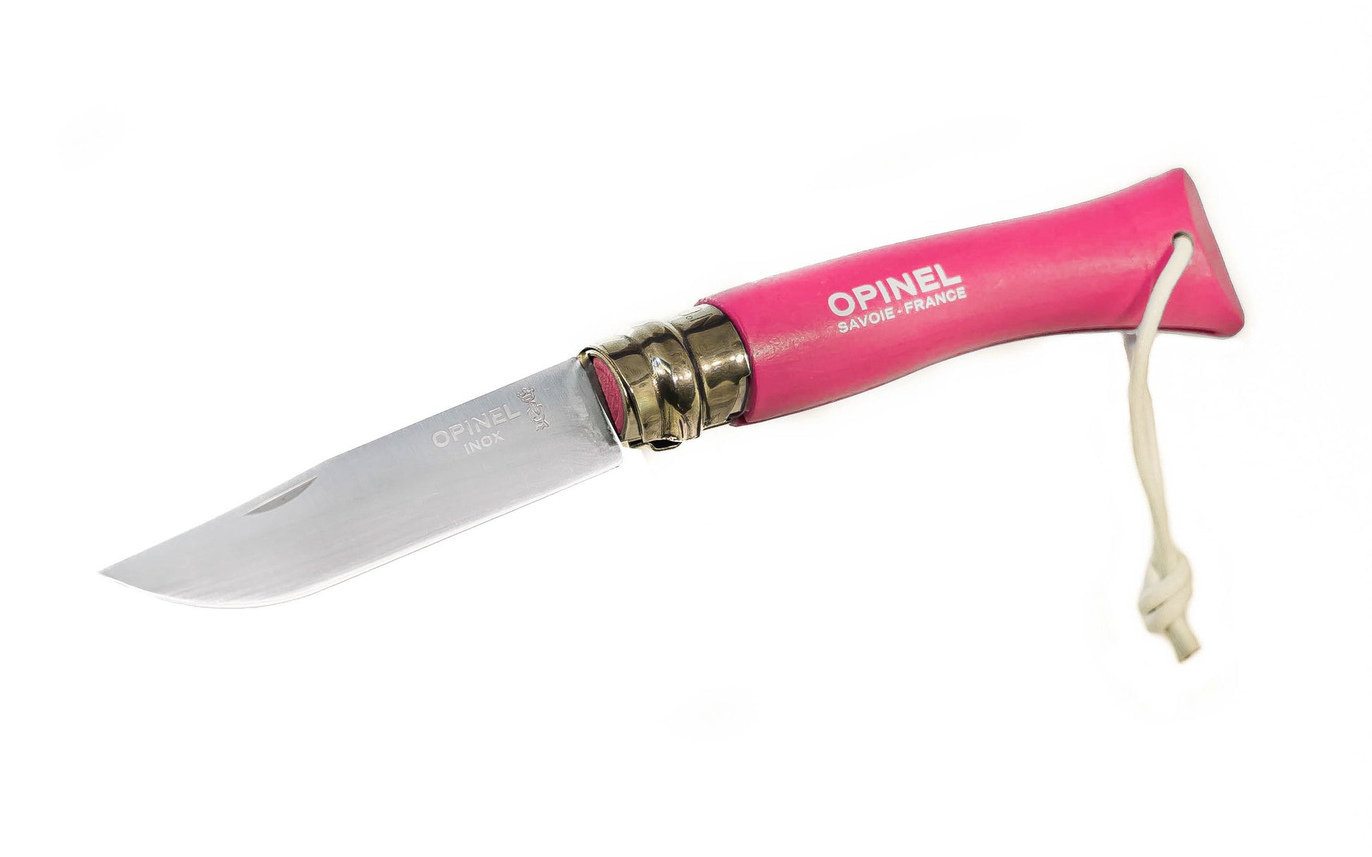 Opinel Stainless Steel Trekking Knife ~ "Fuchsia" Color ~ Made in France ~ 3-3/16" long foldable blade with stainless locking collar ~ Made of 12c27 Sandvik stainless steel ~ Painted Beechwood handle with leather loop