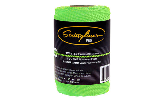 This Stringliner Twisted Mason Line is a replacement roll for the Stringliner Reel. Fluorescent Green color. Twisted #18 nylon mason line in a 540' (1/2 lb) length roll. 717065354152. Stringliner Pro Model SL35415.