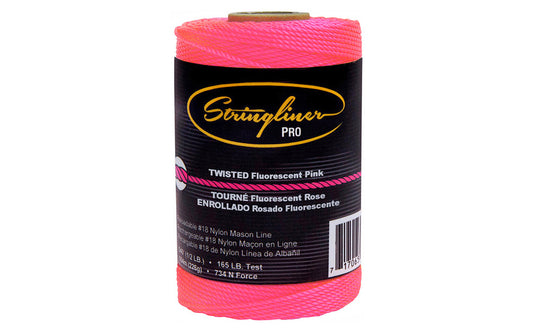 This Stringliner Twisted Mason Line is a replacement roll for the Stringliner Reel. Fluorescent pink color. Twisted #18 nylon mason line in 540' (1/2 lb) length roll. Stringliner Pro Model SL35409