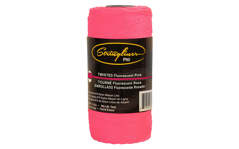 This Stringliner Twisted Mason Line is a replacement roll for the Stringliner Reel. Fluorescent pink color. Twisted #18 nylon mason line in 1080' (1 lb) length roll. Stringliner Pro Model SL35709