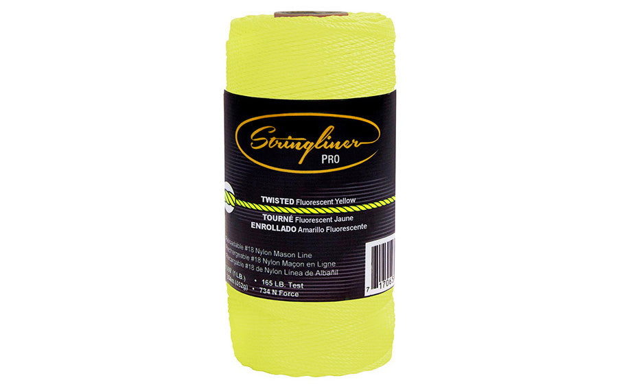 This Stringliner Twisted Mason Line is a replacement roll for the Stringliner Reel. Fluorescent yellow color. Twisted #18 nylon mason line in 1080' (1 lb) length roll. Stringliner Pro Model SL35712 