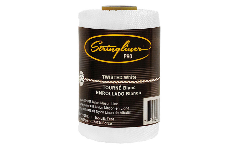 This Stringliner Twisted Mason Line is a replacement roll for the Stringliner Reel. White line color. Twisted #18 nylon mason line in a 540' (1/2 lb) length roll. 717065354039. Stringliner Pro Model SL35403.