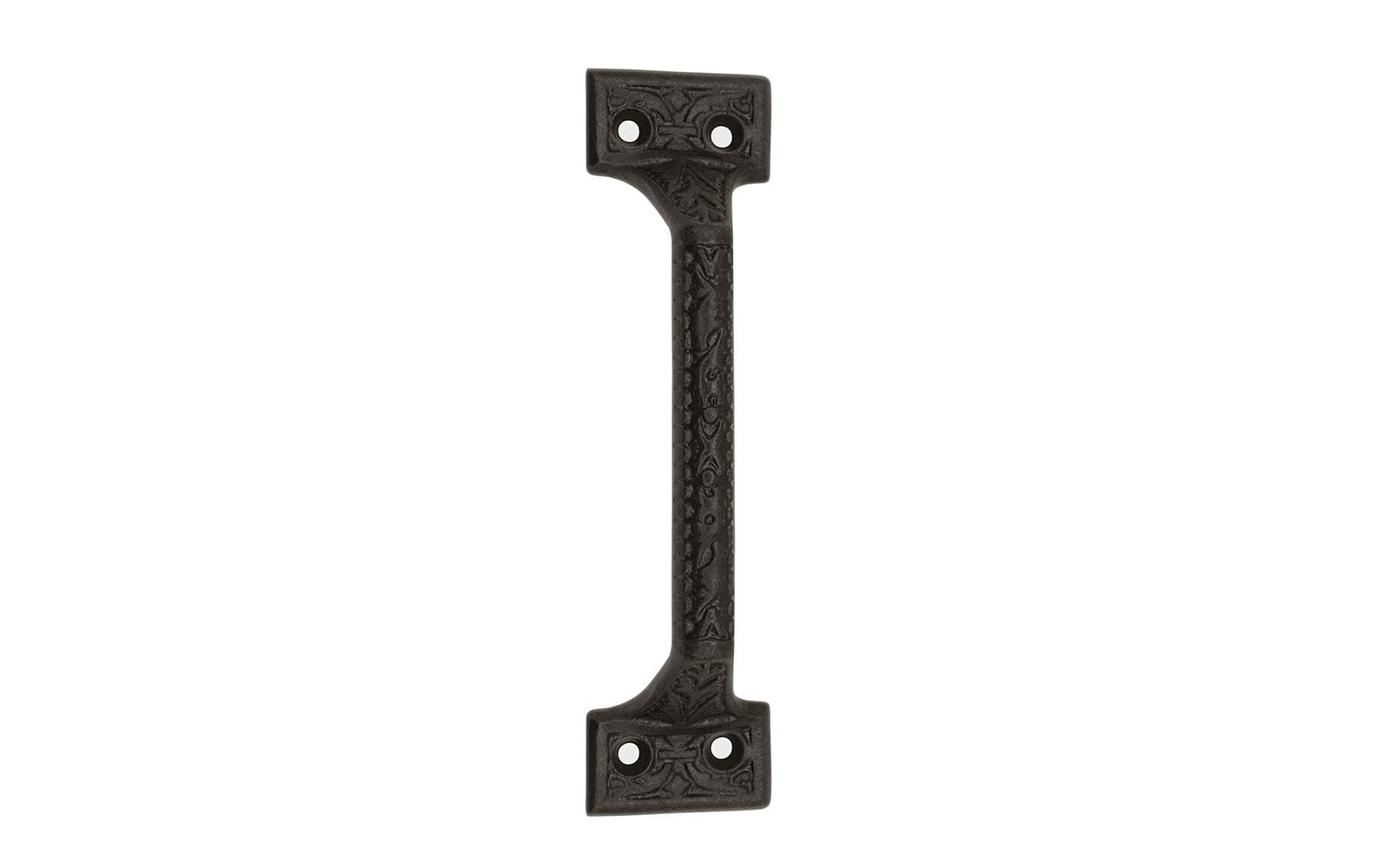 A rustic-looking Victorian style door pull handle. Made of strong cast iron material, it has a nice durable & strong feel. This traditional & ornate piece of hardware is great for doors, gates, & large drawers. Powder coated to resist rust. Ornate Floral Design. Large Cabinet Handle - Cast Iron Door Pull - Model 88602