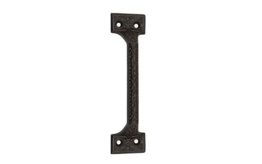 A rustic-looking Victorian style door pull handle. Made of strong cast iron material, it has a nice durable & strong feel. This traditional & ornate piece of hardware is great for doors, gates, & large drawers. Powder coated to resist rust. Ornate Floral Design. Large Cabinet Handle - Cast Iron Door Pull - Model 88602
