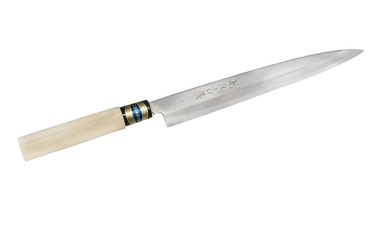 Yoshida Hamono 'Sashimi Hocho' Knife - 240 mm - Japanese Sashimi Knife is good for slicing & filleting fish (or other meats such as ham). The long & narrow single bevel blade is suitable for slicing tasks. Especially good for preparing fresh sashimi. Model 823