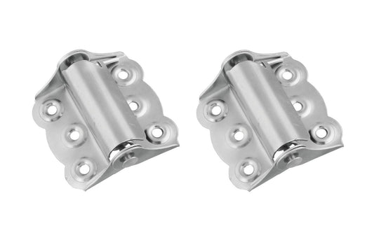 Pair of full surface hinges with springs, for screen doors & other lightweight utility doors. Full-surface application, no mortising is required. Non-removable pin hinge with enclosed spring is for either right or left hand applications. Made of zinc plated steel material. 2-3/4" size of each hinge. N190-736