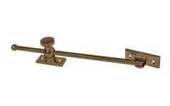 Vintage-style Classic & Premium Solid Brass Casement Adjuster Stay ~ 10" Length. For securing outswing casement windows. It has a durable pivot turn with a knurled knob for smooth & secure operation. Antique Brass Finish