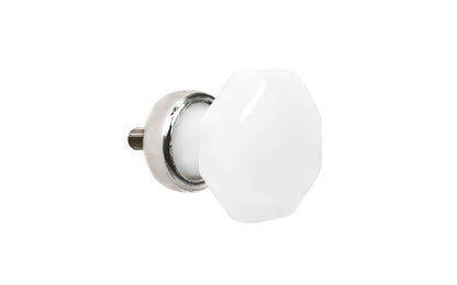 Elegant & classic octagonal cabinet glass knob with an attractive "Translucent White Opal" color. The glass is carefully set into a handsome solid brass base with a threaded shank in the back. Polished nickel finish on solid brass material. Octagon shape knob. 1" Diameter Knob 