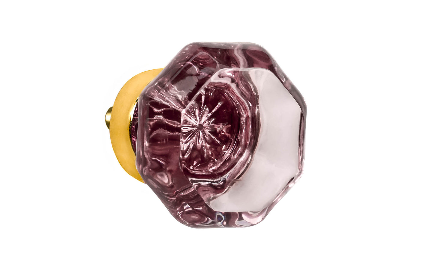 Elegant & classic octagonal cabinet glass knob with an attractive "Purple Amethyst" color. The glass is carefully set into a handsome solid brass base with a threaded shank in the back. Un-lacquered solid brass base (will patina over time). Octagon shape knob. 1-1/4" Diameter Knob 