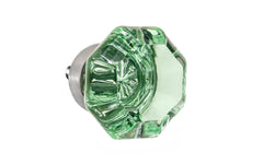 Elegant & classic octagonal cabinet glass knob with an attractive "Depression Green" color. The glass is carefully set into a handsome solid brass base with a threaded shank in the back. Brushed nickel finish on solid brass base. Octagon shape knob.  1-1/4" Diameter Knob 