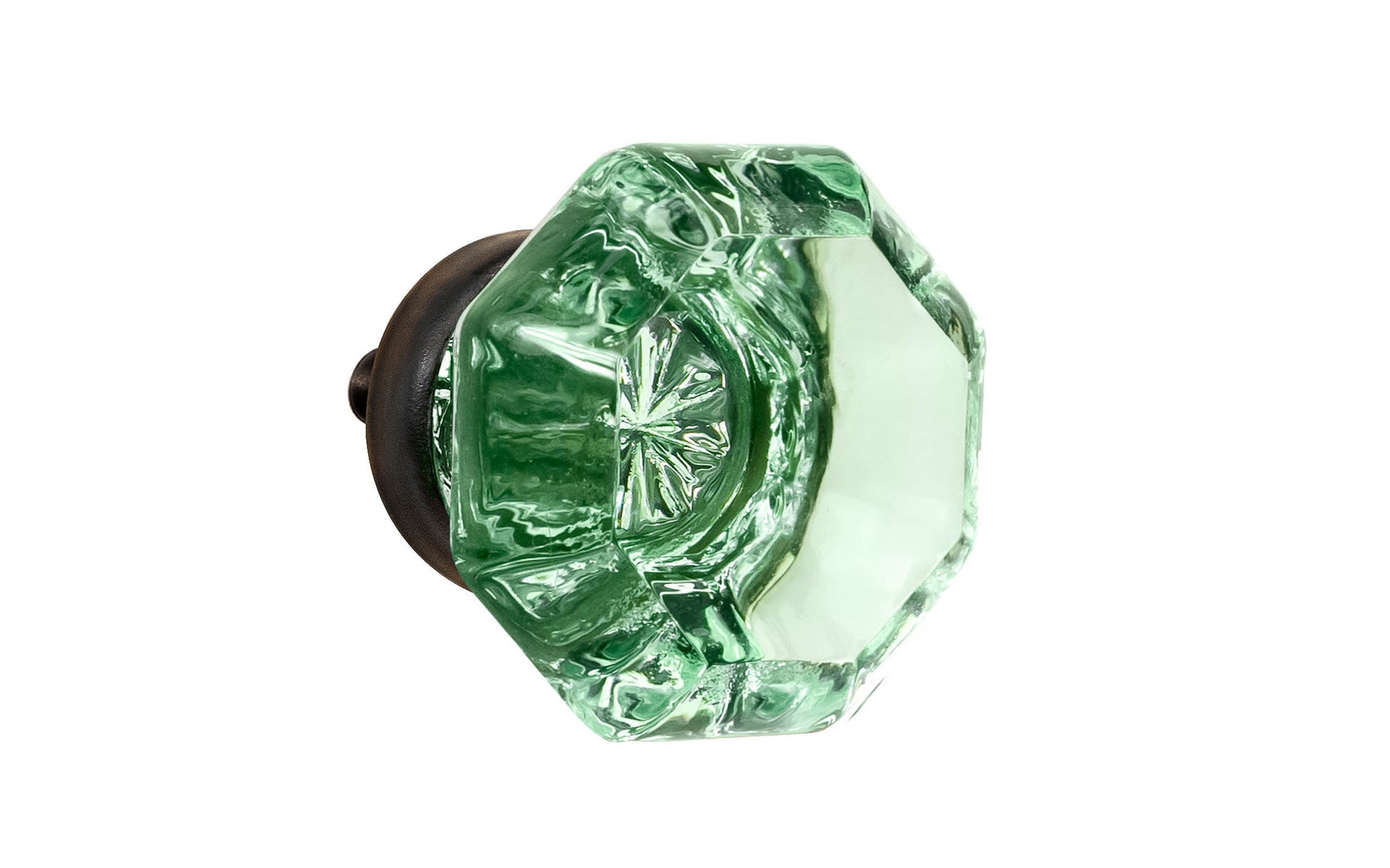 Elegant & classic octagonal cabinet glass knob with an attractive "Depression Green" color. The glass is carefully set into a handsome solid brass base with a threaded shank in the back. Oil rubbed bronze finish on solid brass base. Octagon shape knob.  1-1/4" Diameter Knob 