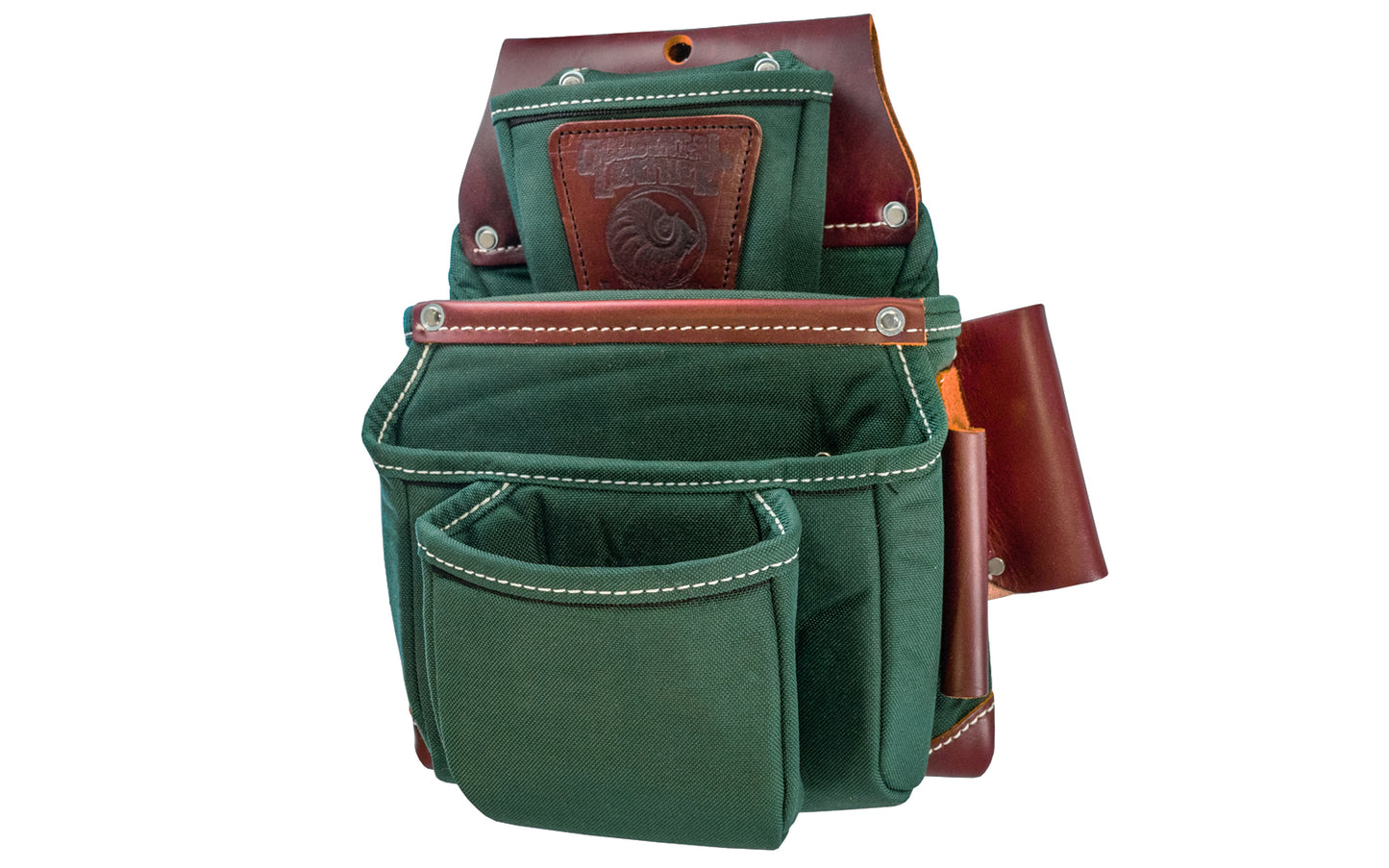 Occidental Leather "Oxy Lights" 4-Pouch Tool Bag ~ 8062 - Fits 3" work belt - Green Pouch - 4-pouch tool bag features holders for pencils, work knife, chisel, level, lumber crayon, hammer loop. Tool bag corners are reinforced with Occidental's "OxyRed" leather. Nylon & genuine Leather - Green Color - 759244088502