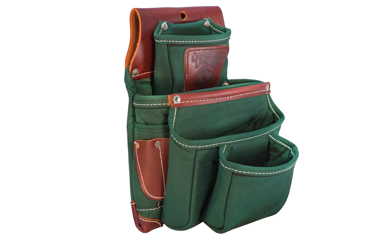 Occidental Leather "Oxy Lights" 4-Pouch Tool Bag ~ 8062 - Fits 3" work belt - Green Pouch - 4-pouch tool bag features holders for pencils, work knife, chisel, level, lumber crayon, hammer loop. Tool bag corners are reinforced with Occidental's "OxyRed" leather. Nylon & genuine Leather - Green Color - 759244088502