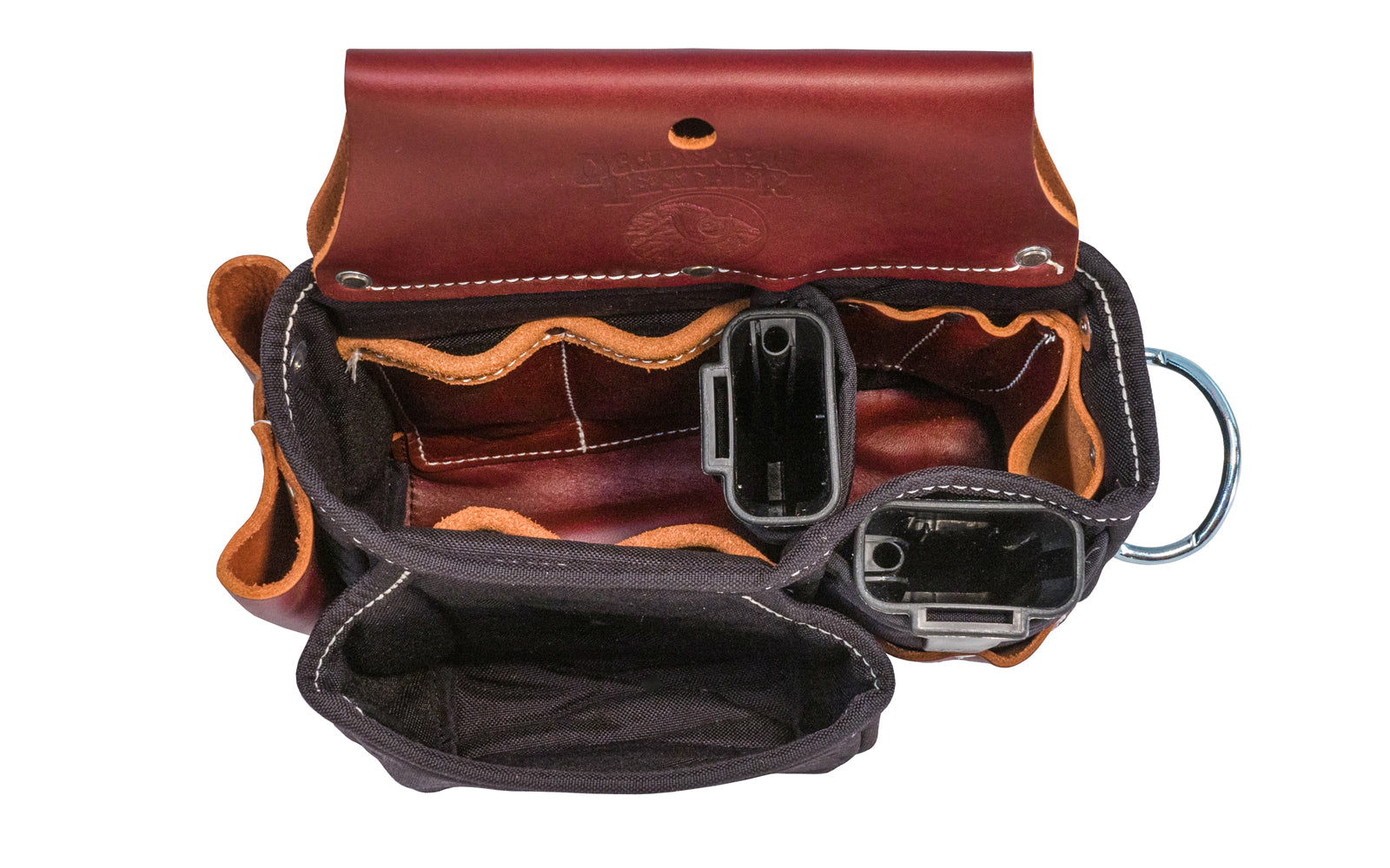 Occidental Leather "Stronghold" Tool Case ~ Model 9085 - Fits a 3" work belt - A case designed for tool organization! Two No. 2003 "Oxy Tool Shields", 18 pockets & tool holders total. Leather lined inside all along the bottom. Great for master finish carpenter or plant engineers. Made of Nylon & genuine Leather.