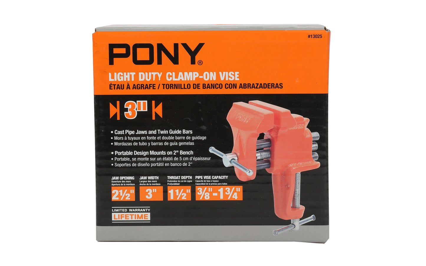 Pony 3" Light-Duty Clamp On Vise ~ 2-1/2" Jaw Opening - Pony / Jorgensen Model No. 13025 - Cast pipe jaws & twin guide bars - Pipe capacity 3/8" to 1-3/4"
